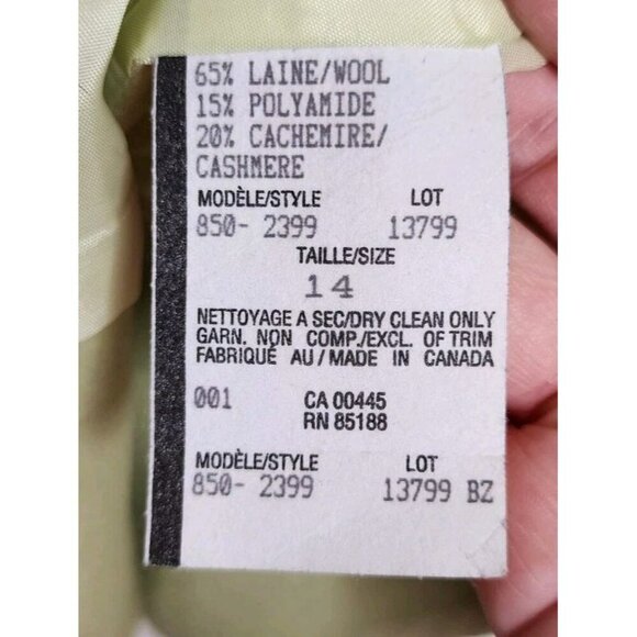 Size 14 Louben Blazer Jacket Wool Cashmere Blend Canada Spring Green Open Front - Picture 4 of 4